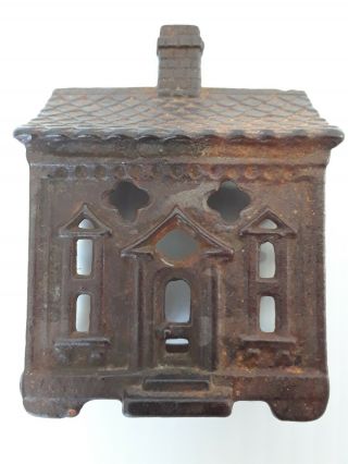 Antique 2 - Piece Cast Iron Building / House With Chimney Still Coin Bank No Paint 3