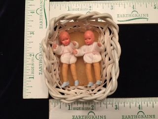 Vintage Dollhouse Miniature Doll - Caco? W Germany Twin Babies - 2.  25 " - Basket
