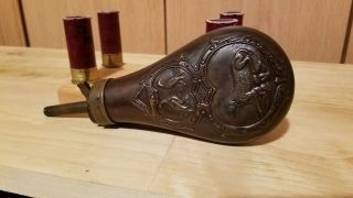 Cool Vintage Antique Brass 7 " Pistol Powder Flask Dogs Birds Empty