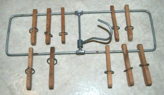 Rare 10 Vintage Clothespins On Metal Hanging Laundry Drying Clothes Pin Rack