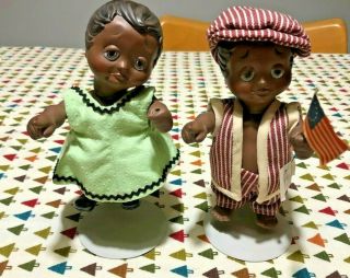 Vintage Black Americana Bisque/porcelain 6” Jointed Pouty Face Dolls Boy & Girl