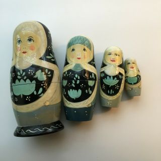 Vintage Russian Style Winter Wooden Hand Painted Nesting Dolls,  4 Piece