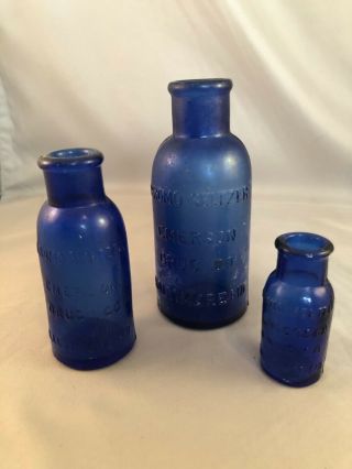 3 Antique Cobalt Blue Glass Bottles Bromo Seltzer Emerson Drug Co 3 Sizes