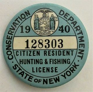 1940 License Pinback Button York Resident Hunting And Fishing Pin,  Badge