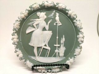 Antique Schafer Vater Jasperware Wall Plate Plaque Pin Dish Woman & Parrot Green