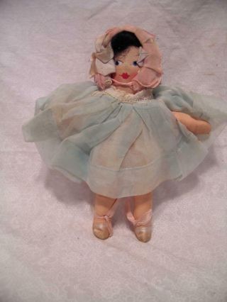 Vintage 7 1/2 " Tall Cloth Doll With Painted Face,  Blue Dress And Bonnet