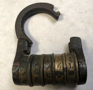 Antique 5 Wheel Brass Wheel & Iron Hasp Lettered Combination Padlock -