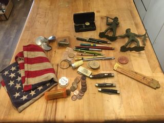 Vintage Antique Junk Drawer Knives,  Currency,  Pens,  Starrett Last Word