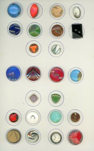9 X 12 Card Of 24 Medium Art Deco Glass Buttons In A Variety Of Colors & Designs