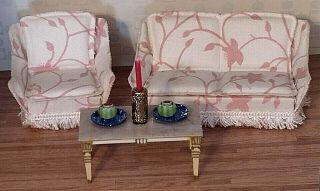 Vintage Lundby Miniature 1:18 Dollhouse Pink & White Floral Sofa Chair Table Set