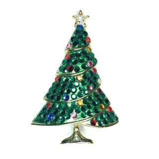 Rare Vintage Signed Weiss Green Rhinestone Gold Tone Christmas Tree Brooch Mcm