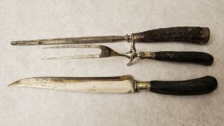 Antique Antler Handled Meat Carving Set With Silver Details And Knife Sharpener