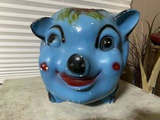 1950’s Chalkware Large Blue/red Flower Piggy Bank (very Rare)