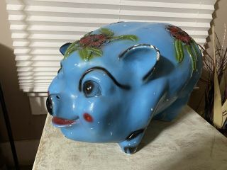 1950’s Chalkware Large Blue/red Flower Piggy Bank (very rare) 3