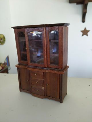 Vintage Dollhouse Wooden Cupboard Wood China Cabinet Hutch With Glass Doors