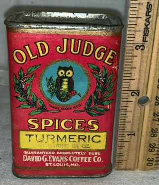Antique Old Judge Owl Turmeric Spice Tin David G Evans Coffee Co Can St Louis Mo