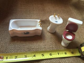 Vintage Porcelain Dollhouse Bathroom Furniture 3 Piece Tub,  Toilet And Sink