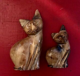 2 Vintage Mid Century Modern Mcm Cat Figurines 1950s Sphynx Cats Teak Wood - Rare