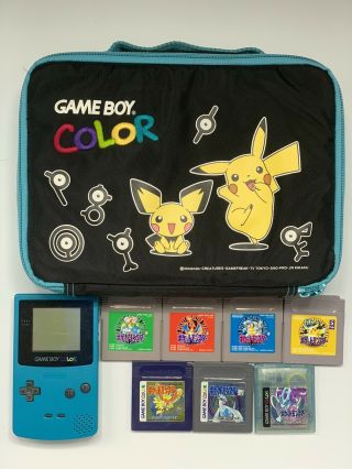 Rare Nintendo Game Boy Color Blue Console,  Pokemon Set All 7games,  Pokemon Bag