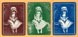 3 Single Swap Playing Cards Antique Wide Little Girl Child Bonnet Old Vintage