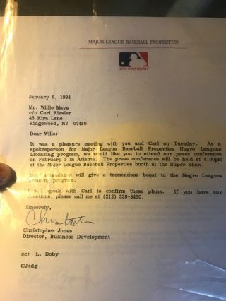 Rare Willie Mays Memorabilia: Personal Letter Dated Jan 6,  1994 From His Estate