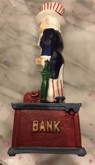 Antique Vintage Uncle Sam Mechanical Coin Bank Cast Iron Usa Hat 3