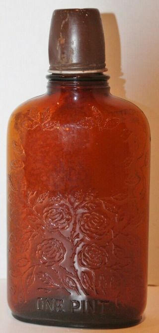Vtg Amber Four Roses Whiskey Bottle W/ Cap & Tin Shot Cup - 1930s - Rare - 1 Pint - Euc