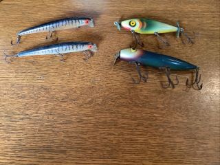 4 Four Vintage Fishing Lures 2 Swimming Minnows And 2 Large Others