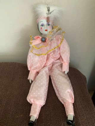 Vintage Harlequin Poseable Porcelain Clown Doll - - Pink 15 Inch