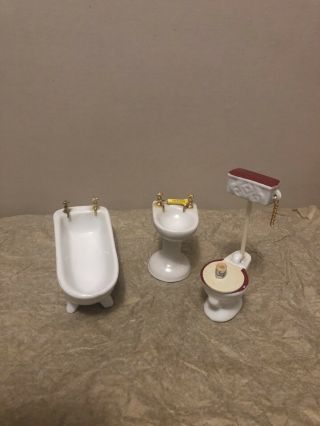 Vintage Doll House Miniature Porcelain Bathroom 3 Piece Set W/toothpaste Etc