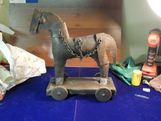 Antique Horse Pull Toy All Metal Platform With Metal Wheels 9.  5 X 11 Inch