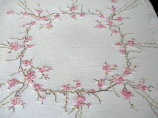 Vintage Tablecloth - Hand Embroidered Pink Apple Blossom
