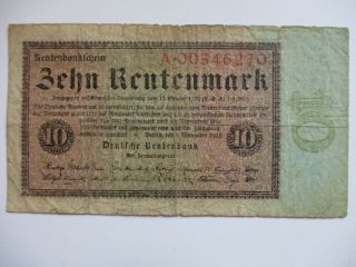 Germany – 10 Rentenmark Banknote (vg) 1923 Rentenbank (stabilisation Bank) Rare