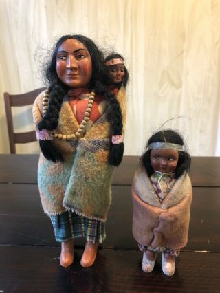 Vintage Skookum Bully Good Native American Indian Mom And Baby 10” And 6.  5” Tall