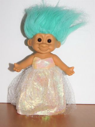 Vintage 6” Russ Troll Doll Figure Teal Blue Hair Iridescent Formal Gown Dress