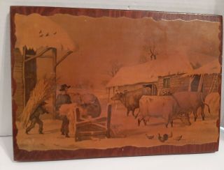 Vintage Painting Milk Dairy Cow Farmer Landscape Wood Board Size 13 5/8 X 9 1/2