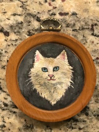 Vintage White Cat Hand Painted Miniature Framed Folk Art Doll House Painting