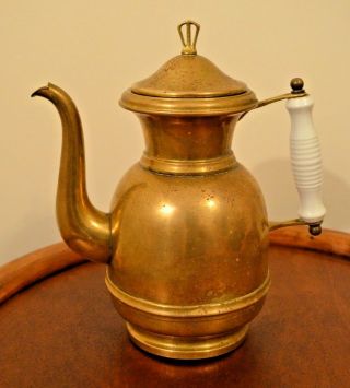 Antique Brass Coffee Pot W/ Milk Glass Ceramic Handle -