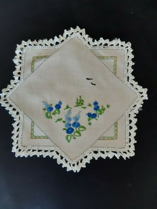 Vintage Beige Square Hand Embroidered Blue Flowers And Crocheted Edge Cloth.