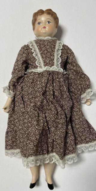 Vintage Ceramic Doll Brown Floral Dress Bloomers 17” Tall Blue Eyes Brown Hair