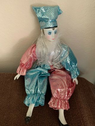 Vintage Harlequin Poseable Porcelain Clown Doll - - Multi Color 15 Inch