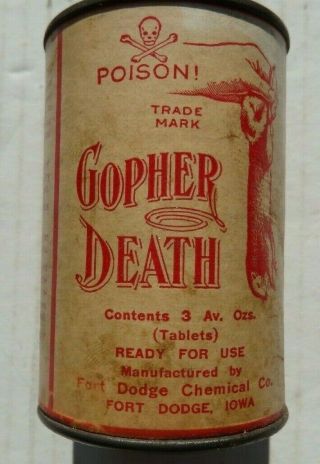 Antique Gopher Death Can Fort Dodge Iowa Poison Tin