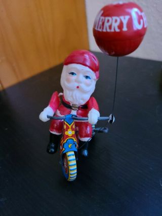 Vtg Wind Up Metal Santa Claus Tricycle Suzuki Japan Rare Wheels & Red Balloon