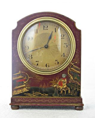 Rare Antique French Chinoiserie Red Lacquered Wood Mantel Clock,  Needs Attention