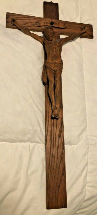 Rare Large Antique Hand Carved Wood Wall Crucifix From Nuns Convent 20 "