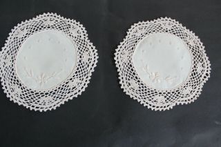 Two Vintage Ecru Round Doilies With Hand Embroidered Ecru Flowers.