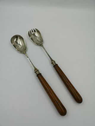 Antique Silver Plated Salad Servers With Wooden Handle