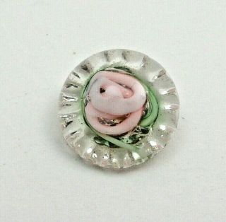 Stunning small antique clear glass button w pink and green cane flower box shank 2