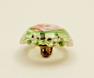 Stunning small antique clear glass button w pink and green cane flower box shank 3