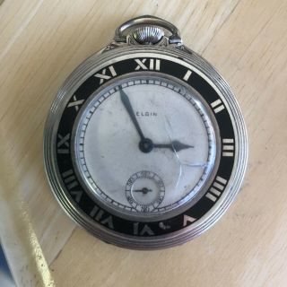 Elgin Black Enamel Art Deco Pocket Watch 14k Gf 17j Rare Unique Style